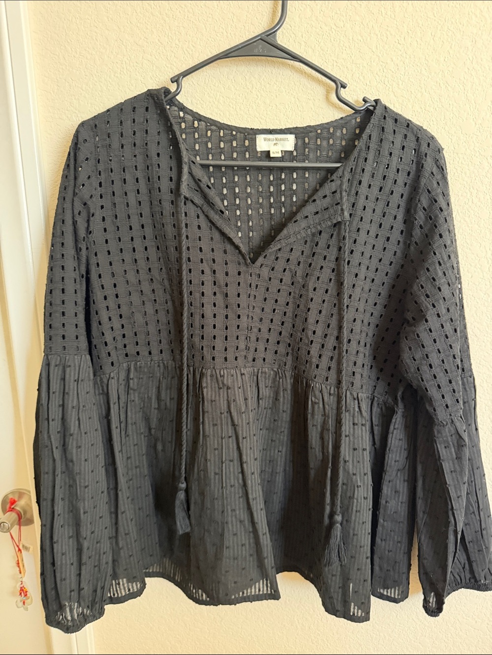World Market: Vineyard Vines Black Eyelet Peasant Blouse with Tassel Ties